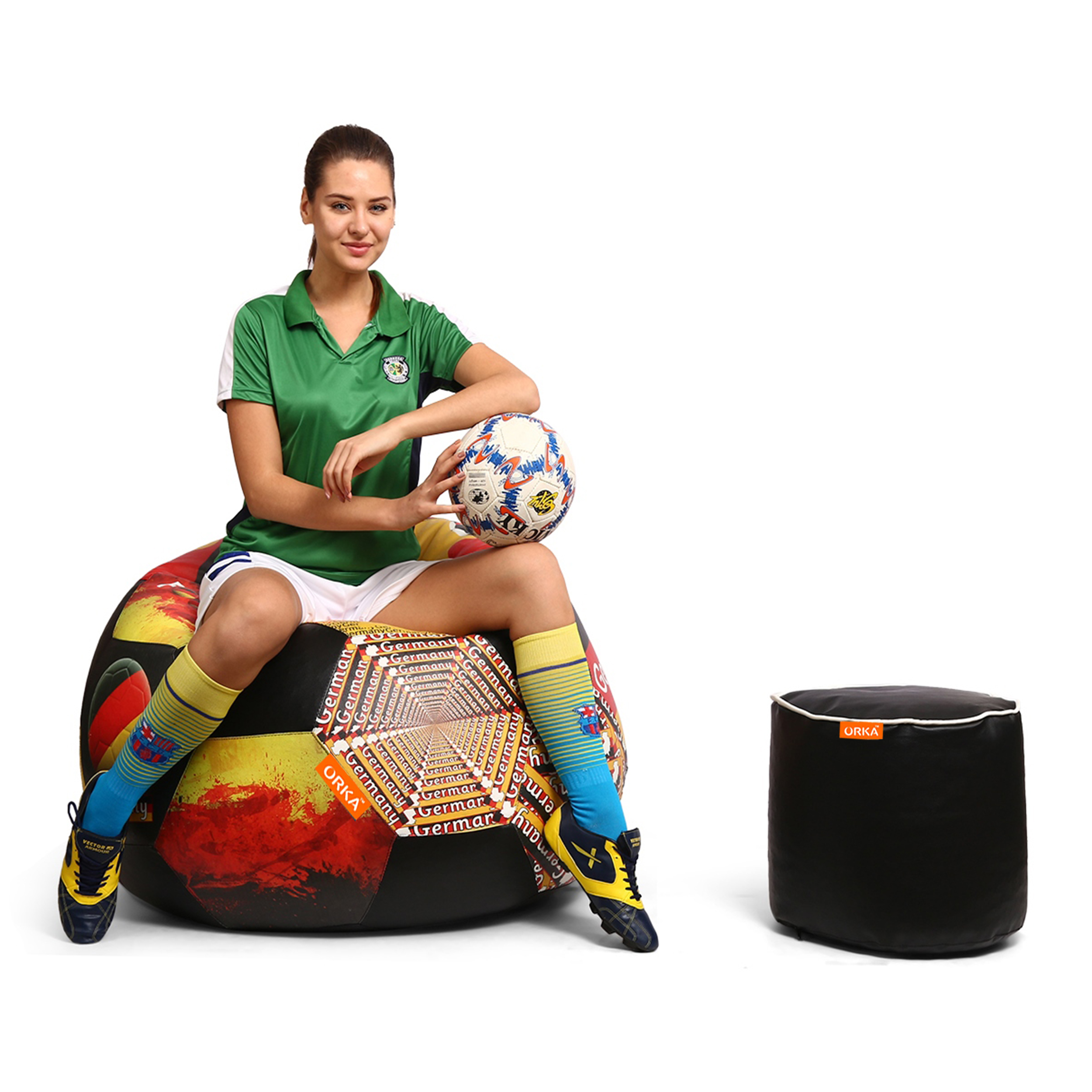 Orka Digital Printed XXXL Foorball With Mathching Footstool Filled Bean Bag With Beans (FB32 Multicolor)